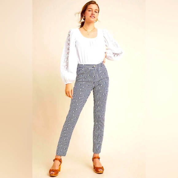 Anthropologie The Essential Slim Blue & White Striped Pants - Picture 1 of 9